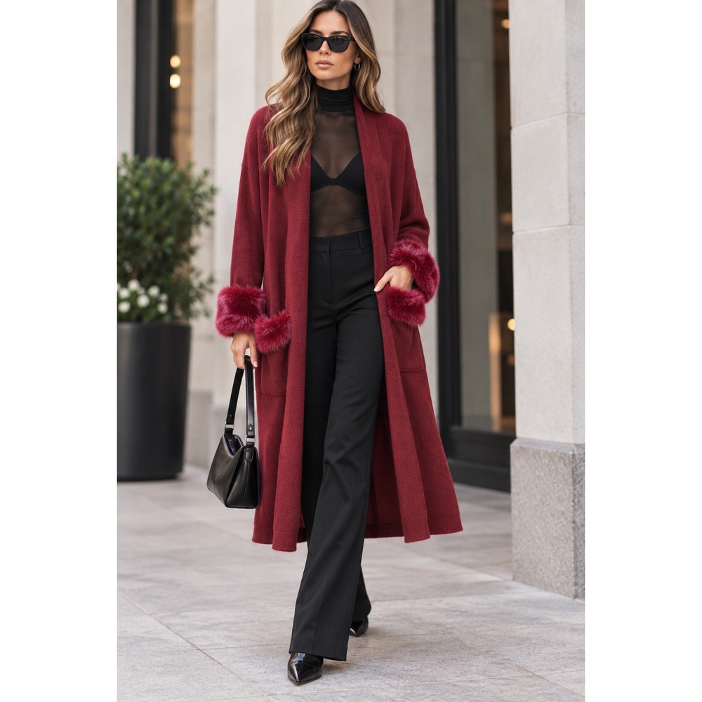 MaxSport Longline Duster Cardigan Garnet Wine Faux Fur Trim Statement Coat